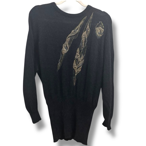 Escada Sweaters - Escada Vintage 80s Black Mohair Beaded Leaves Sweater - Size 36